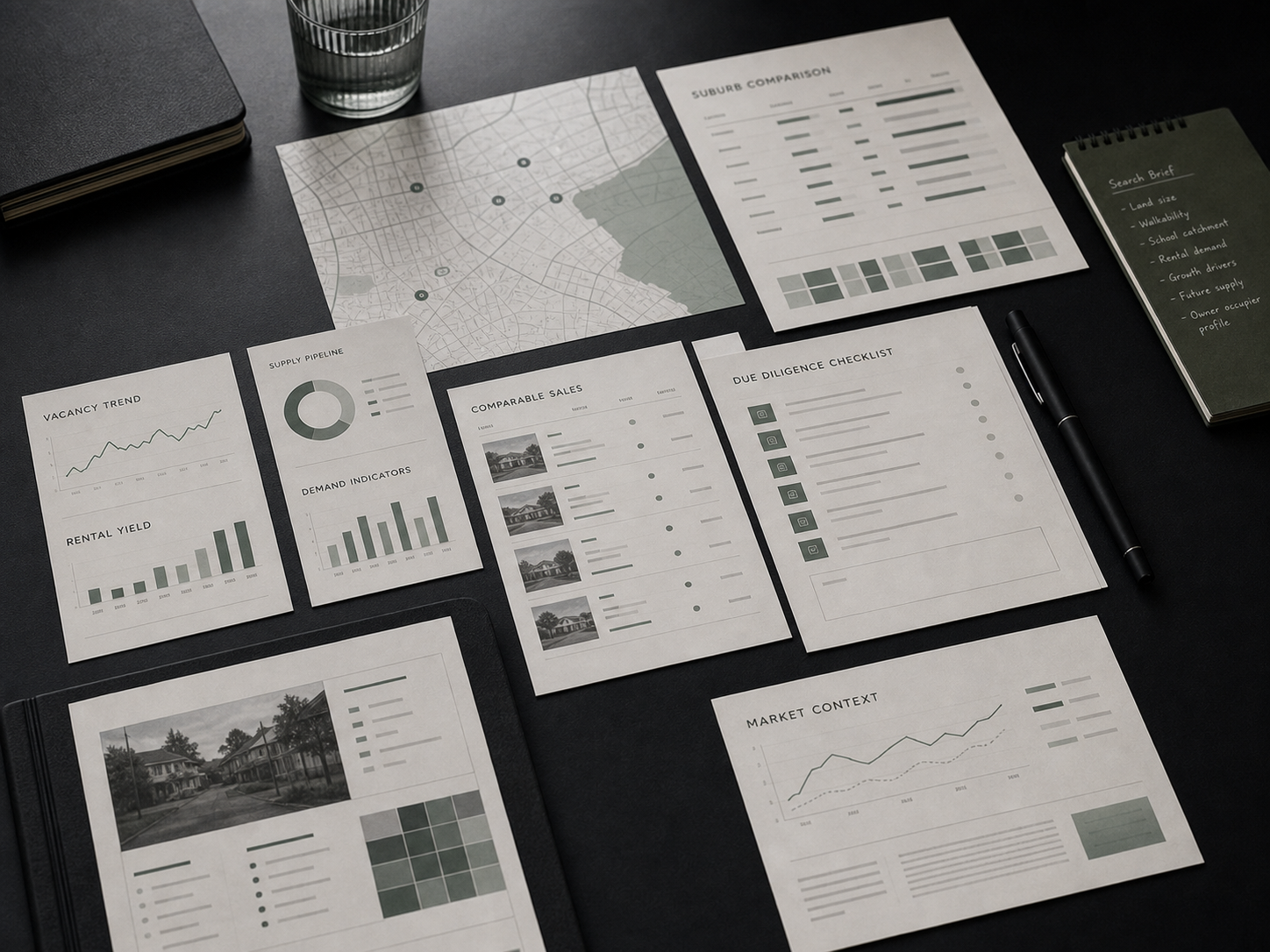 Property underwriting analysis spread with market maps, comparable sales, vacancy trends, and due diligence notes.