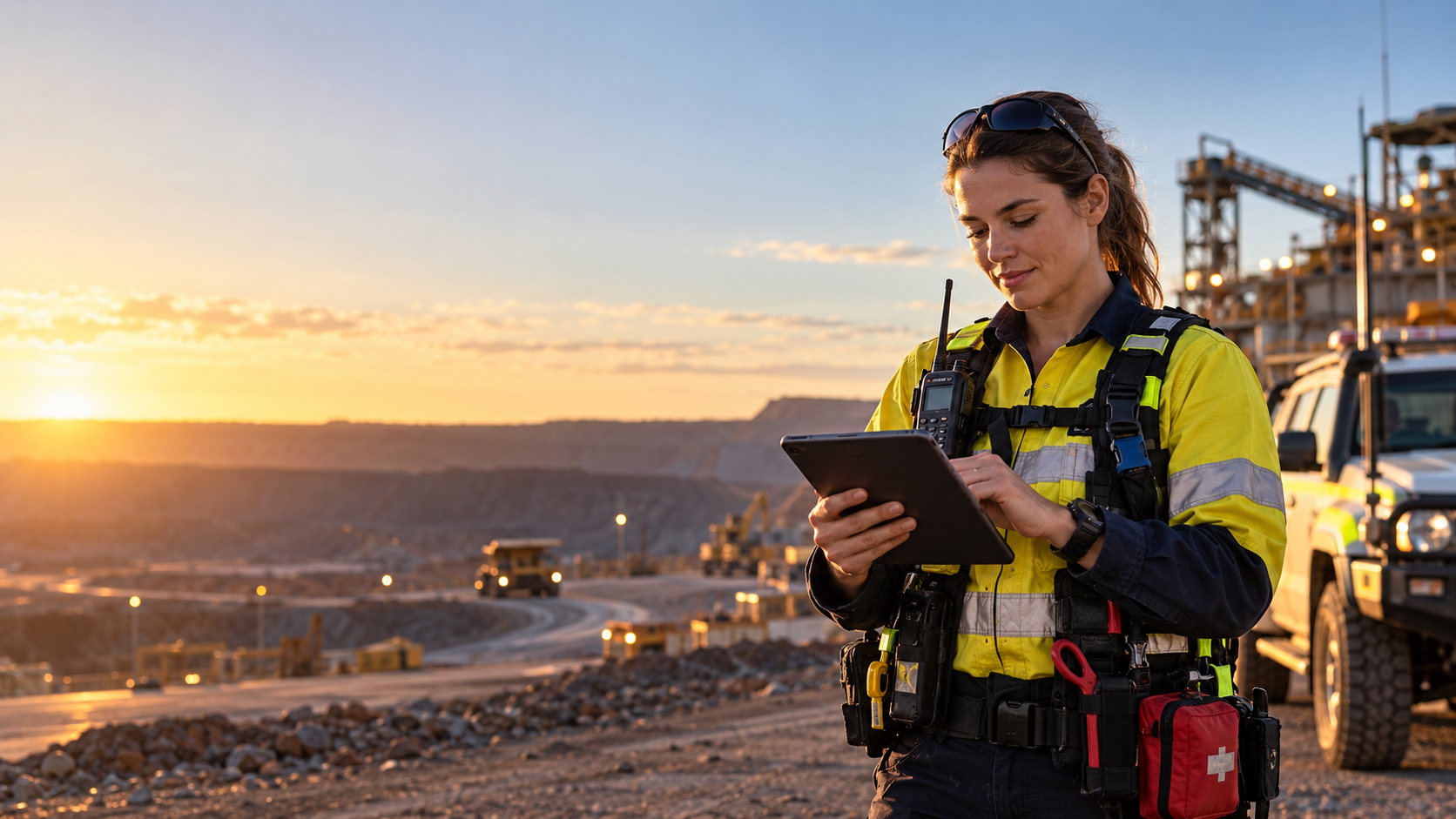 Emergency Services Officer using a tablet at a remote Australian mine site