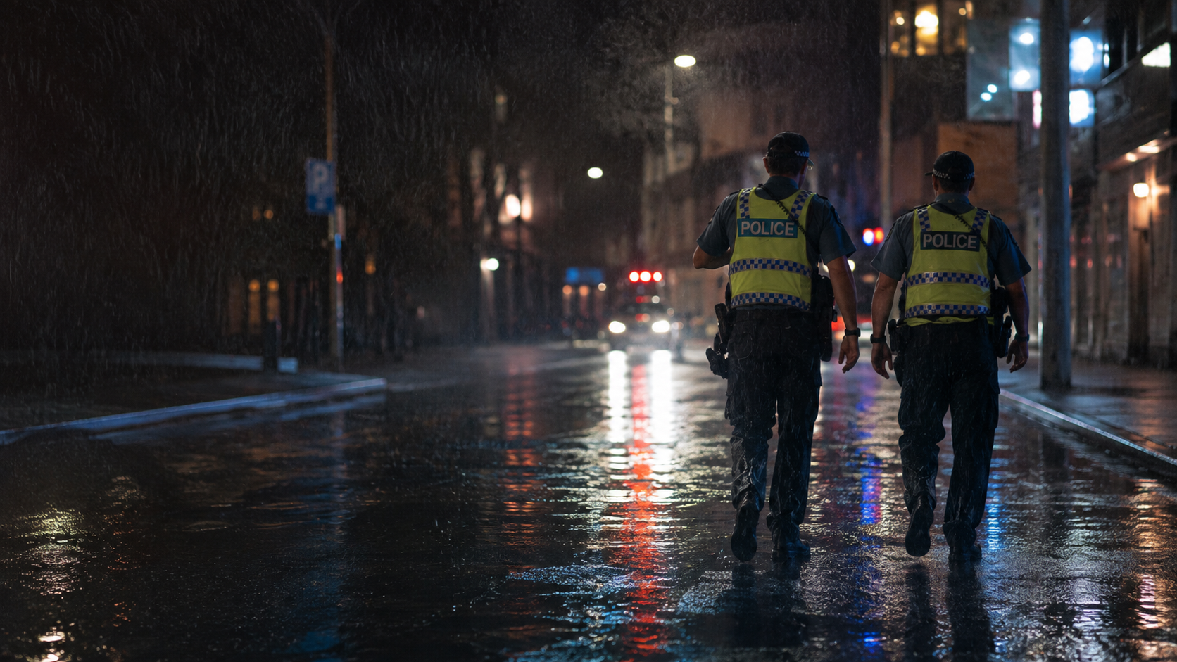 Two police officers walking through a city street during a rainy night shift.