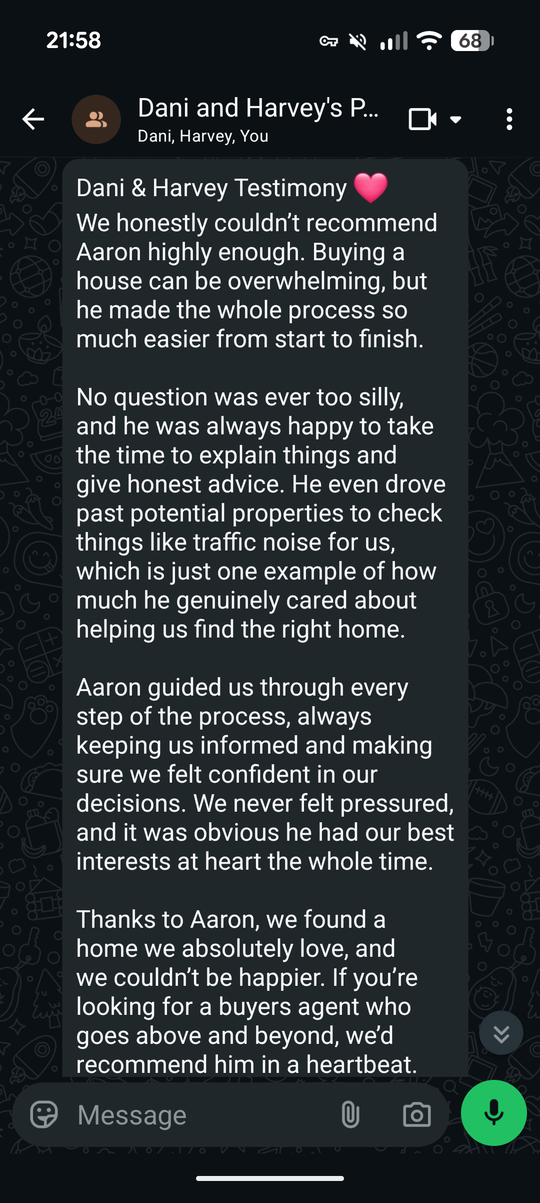 WhatsApp testimonial from Dani and Harvey recommending Aaron and describing his guidance throughout their purchase.